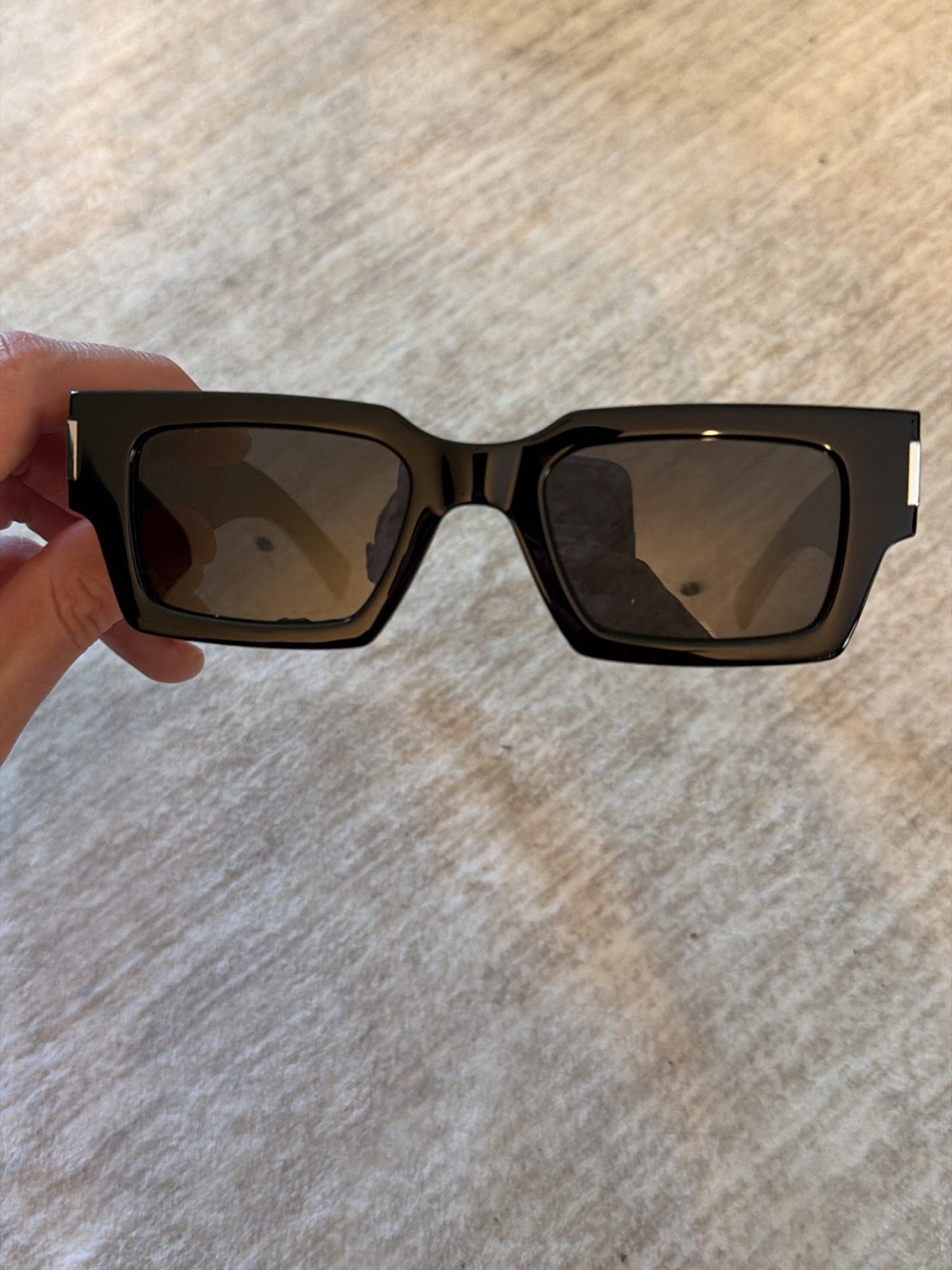 Saint Laurent Oversized Rectangular Black Sunglasses with silver accents